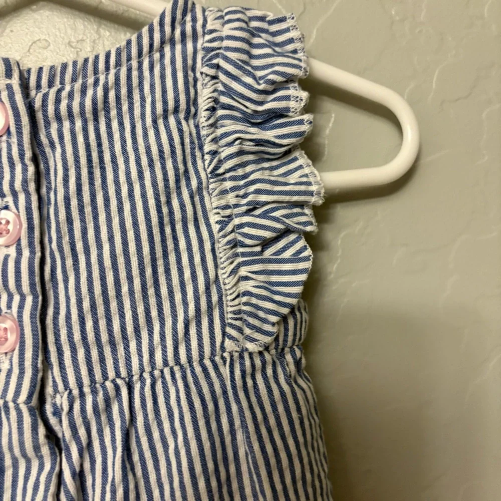⭐️Ruffle Butts blue and white striped pink bow ruffle romper 0-3 months